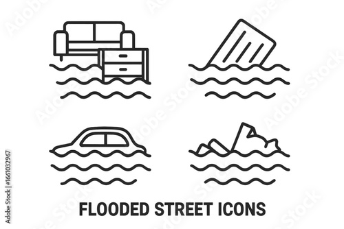 Flooded street disaster outline icons set. Vector illustration of submerged car, floating household furniture, waterlogged debris, flood-damaged objects, rain storm water ruin, urban emergency.