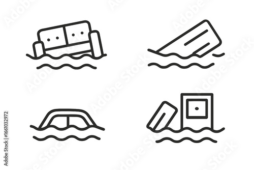 Flooded street debris outline icon set. Vector illustration of floating furniture, waterlogged household items, ruined sofa, submerged car roof, flood damage, disaster cleanup, isolated symbols