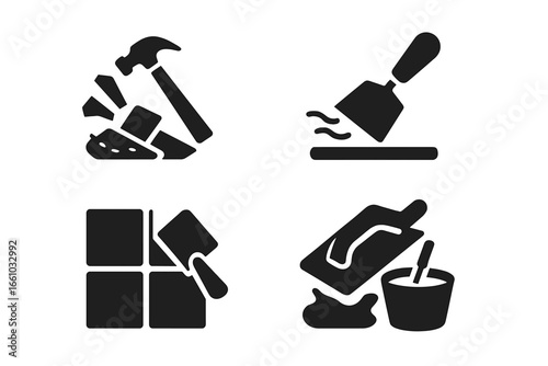 Floor renovation icons collection. Solid filled vector set featuring tile removal, adhesive scraper, new tile installation, grout float, mortar mixing. Construction, repair, flooring tools concept.
