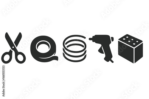 Solid Black Floral Arrangement Tools Vector Icons Set on Transparent Background. Scissors, Floral Tape, Wire, Glue Gun, Florist Foam. Essential Equipment for Flower Design, Craft, Decoration.