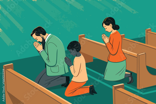 A loving family kneels in prayer at ornate church pews, bathed in soft, sacred light.