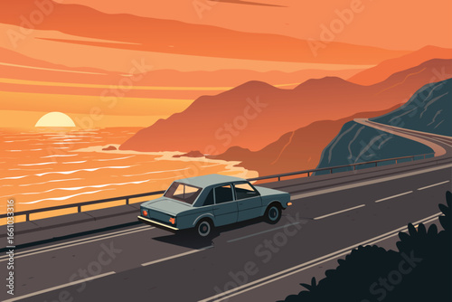 A car drives on a coastal highway.