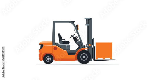 An orange forklift moving a pallet loaded with a box showcases material handling and distribution efficiency in a modern design conveying industrial