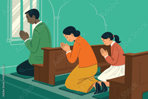 Family kneeling in prayer at church pews, silent devotion, respectful congregation, faith, spiritual connection, Sunday service, peaceful atmosphere.