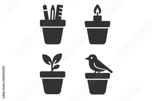 Multipurpose Flower Pot Icon Set. Solid vector filled icons for reuse, upcycling, creative flower pot ideas. Pen holder, candle base, plant herb planter, craft container, bird illustration concepts.