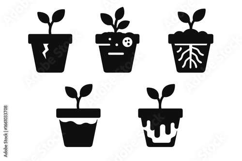 Flower Pot Problems Solid Icon Collection. Cracked Pot, Moldy Soil, Visible Roots, Faded Paint, and Algae Buildup. Plant Pot Issues Metaphor. Vector Illustration. Gardening Problems and Solutions.