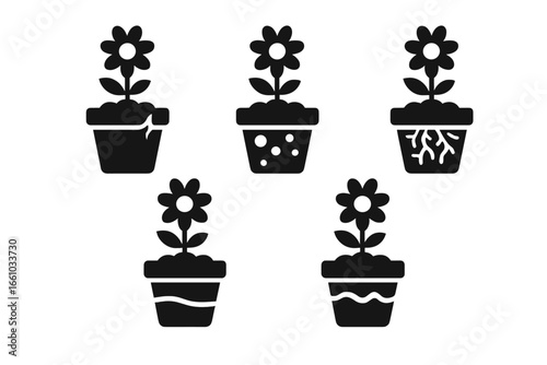 Solid Flower Pot Problems Icon Set. Vector Illustration of Cracked Rim, Moldy Soil, Root Bound, Faded Paint, Algae Buildup Issues. Indoor Container Plants Care Signs. Black Silhouettes on Transparent.