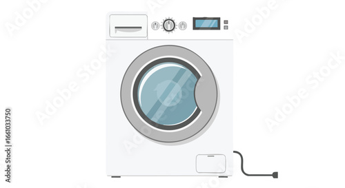Modern front-loading washing machine showcasing clean lines and an intuitive interface, ideal for domestic appliance themes, conveying domestic