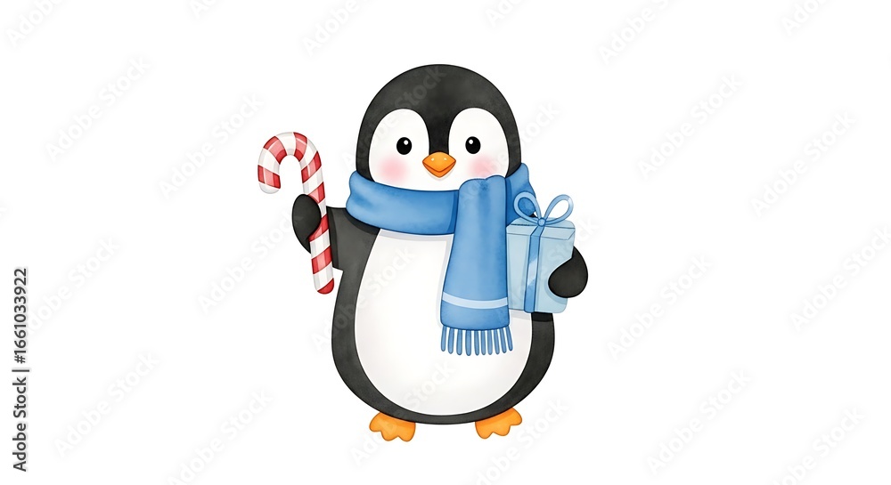 Naklejka premium Adorable cartoon penguin wearing a blue scarf holding a candy cane and a festive gift box ready for winter celebrations and holiday greetings