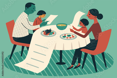 Family distressed at dining table, giant tax bill looms, financial stress, bills, money worries, debt, overhead.