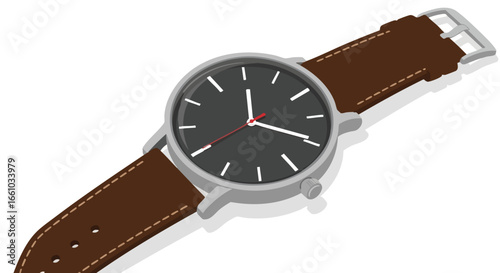 Minimalist wristwatch with brown leather strap and silver casing, casting a subtle shadow, isolated on a plain white background for graphic design