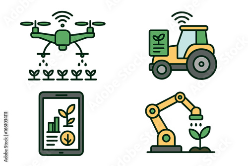 Smart agricultural technology, precision farming, drone irrigation, automated tractor, robotic arm, digital farm management, crop monitoring, efficient agriculture equipment vector illustration.