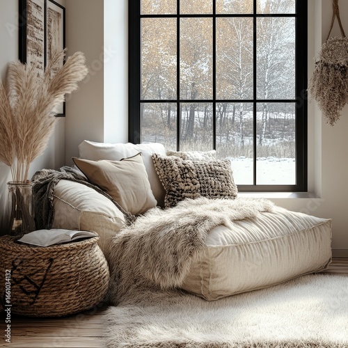 Sofa with a fur throw and pillow near a black window, creating a cozy reading nook. Scandinavian farmhouse hygge interior design for a modern living room. 3D rendering, Generative AI