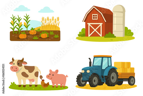 Farm Life Cartoon Vector Illustration Set with Crops, Barn, Livestock, Tractor, Hay Bales, Rural Landscape, Agriculture Equipment, Countryside Scene, Sustainable Farming Concepts