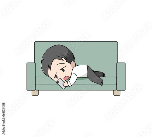 ソファにうつ伏せで横になりスマートフォンをさわるビジネスマン風の男性のイラスト