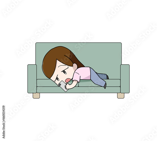 ソファにうつ伏せで横になりスマートフォンをさわる女性のイラスト