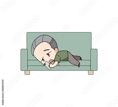 ソファにうつ伏せで横になりスマートフォンをさわる高齢男性のイラスト