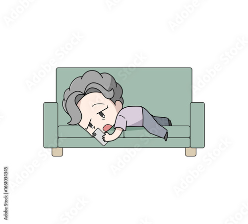 ソファにうつ伏せで横になりスマートフォンをさわる高齢女性のイラスト
