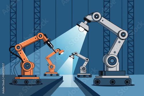 Robotic arms meticulously assemble parts under a bright spotlight.