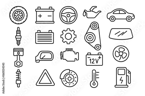 Outline vector icons of car parts, automotive components, mechanical symbols, motor vehicle maintenance, repair, garage equipment, transportation, isolated illustration for design and education