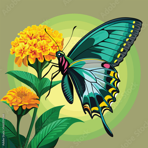 Vibrant butterfly with striking teal wings lands delicately on bright yellow flowers in a sunlit garden