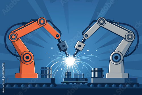 Robotic arms meticulously assemble components under focused lighting.