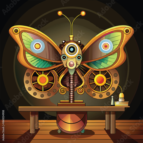Intricate steampunk butterfly automaton presented on a wooden table with vintage laboratory elements
