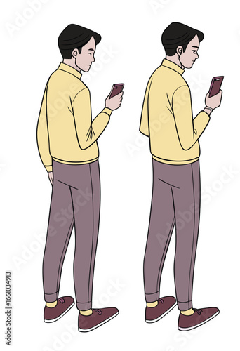 Two cartoon men standing and using smartphones male