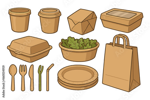 Eco-Friendly Disposable Food Packaging Collection. Sustainable Takeaway Containers, Biodegradable Cups, Plates, Cutlery, Salad Bowl, Paper Bag. Zero Waste Restaurant Supplies Vector Set
