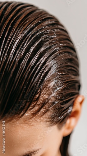 Woman applies hair mask. Healthy hair treatment with oil for beauty. Repair and care concept for salon or spa.
