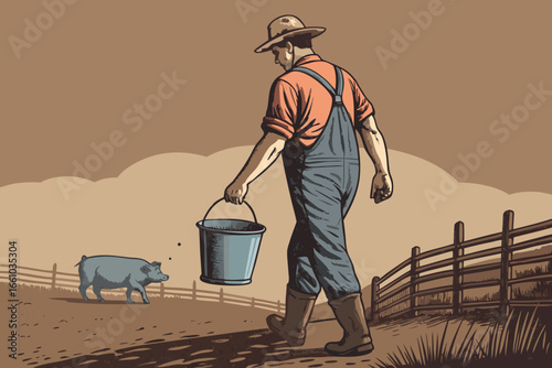 A farmer, weathered and strong, carries a bucket of water to a rustic pigpen. flat b.