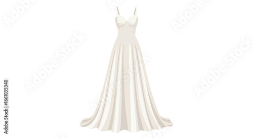 Elegant Bridal Gown Depiction: Flowing Silhouette with Delicate Lace Bodice and Understated Straps