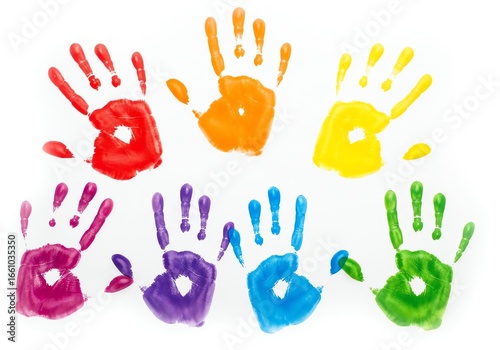 Collection of colorful handprints from children, isolated on white background