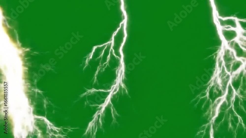 Looping animation of realistic lightning strikes against a clean green screen background. Ideal for VFX, overlays, motion graphics, and cinematic stock footage projects.