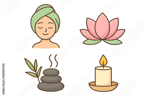 Spa and Wellness Cartoon Vector Set with Lotus Flower, Aromatherapy Stones, Candle, Woman Relaxing, Beauty and Relaxation, Tranquil Serene Environment, Self-Care Concept, Transparent Background