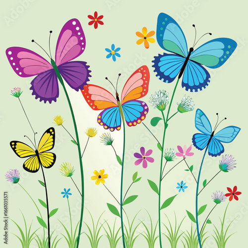 Vibrant butterflies dance among whimsical flowers and lush greenery, bringing a splash of color and joy to any design.
