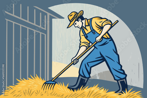 Farmer cleaning stable with hay fork, flat bold illustrative style, rustic, farm life, barn chores, agricultural.