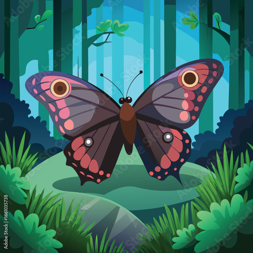 Majestic butterfly with striking eye patterns rests serenely in a lush, vibrant forest clearing