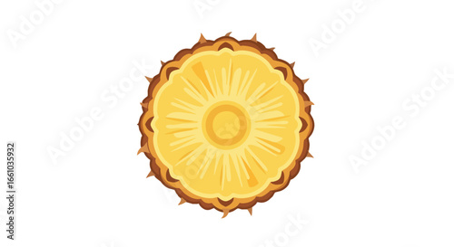 Vibrant pineapple cross-section isolated on white, showcasing intricate textural details and radial symmetry in bright yellow and brown hues