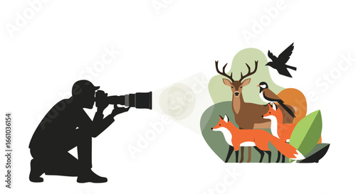 Wildlife photography concept showcasing a photographer capturing a group of animals, blending artistry with nature observation in a unique graphic