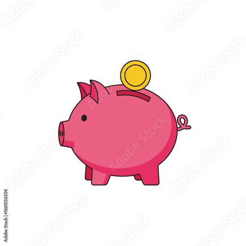 Pink piggy bank with a single gold coin being deposited.