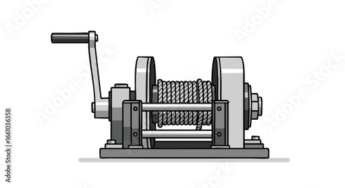 Illustrated Mechanical Winch with Crank Handle and Rope Spool for Lifting or Pulling Applications