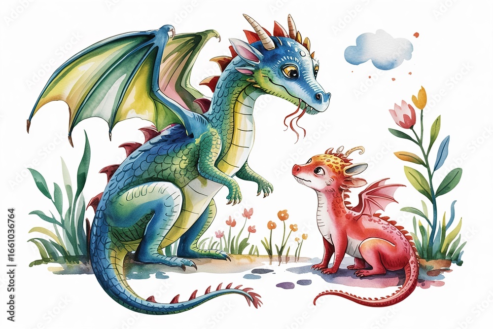 Obraz premium Watercolor illustration of two dragons in a garden setting art