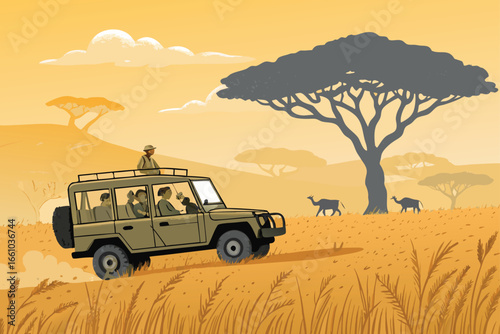 Safari jeep on savanna with diverse wildlife.