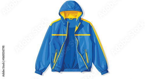 Stylized vector illustration showcasing a modern blue hooded jacket with yellow trim isolated on a white backdrop perfect for fashion design