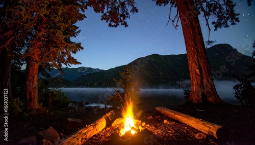 Campfire on a misty lake shore at night