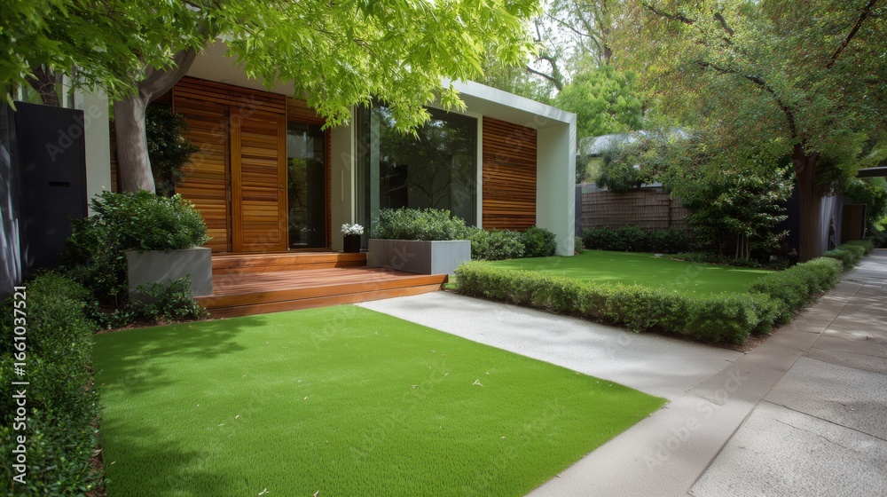 Naklejka premium Modern home exterior with lush green lawn and wooden entrance surrounded by trees and shrubs