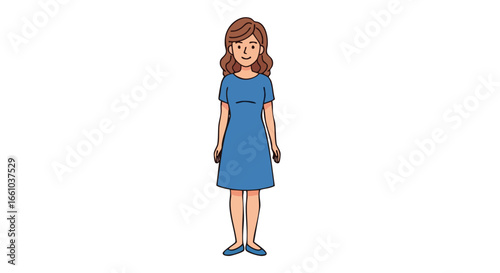 Illustration of a woman with curly brown hair wearing a blue dress on a white background for general use and concepts of simplicity and everyday life