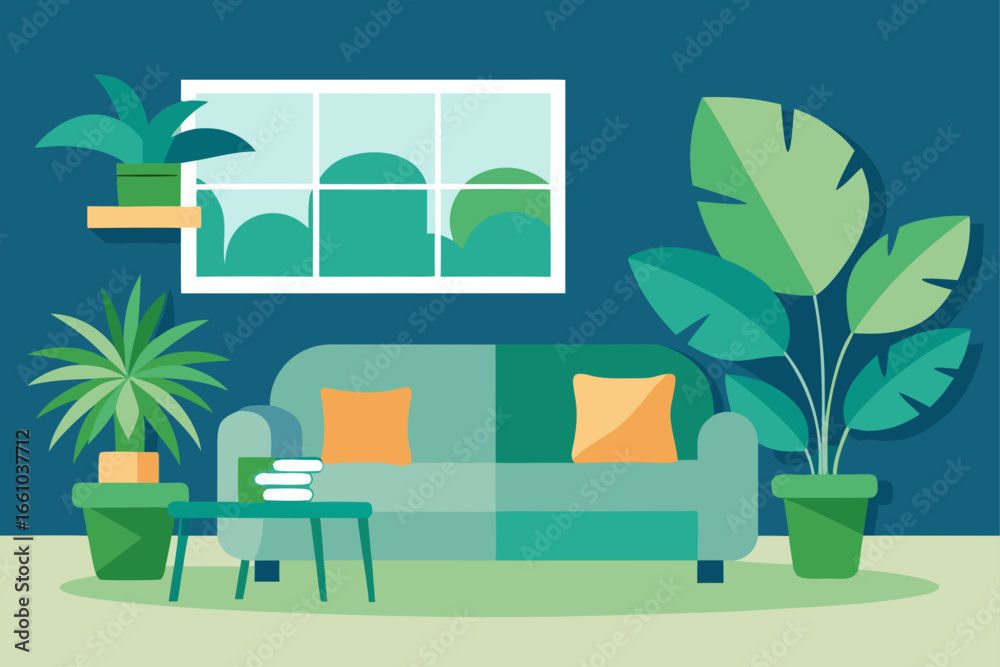 Fototapeta premium Relaxing Living Room with Large Green Plants Illustration
