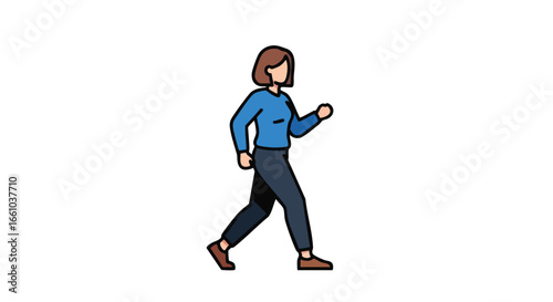 Animated woman character walking in a simple vector style, isolated on a plain white background illustration in motion, lifestyle concept